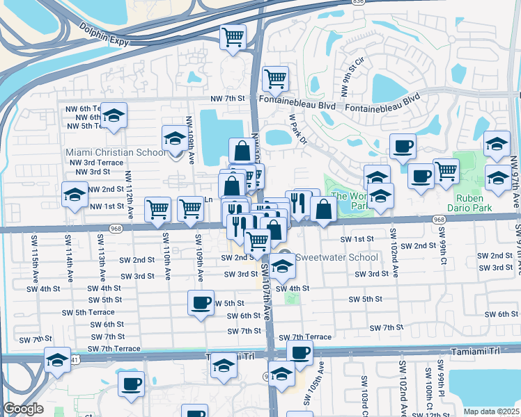 map of restaurants, bars, coffee shops, grocery stores, and more near Northwest 107th Avenue in Miami