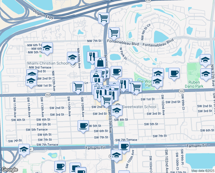 map of restaurants, bars, coffee shops, grocery stores, and more near 160 Northwest 107th Avenue in Miami