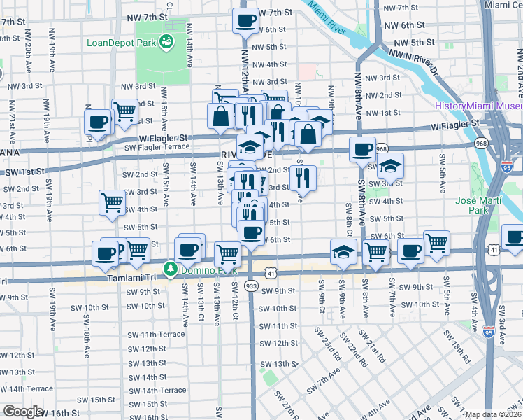 map of restaurants, bars, coffee shops, grocery stores, and more near 1147 Southwest 4th Street in Miami