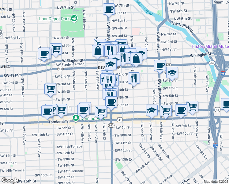 map of restaurants, bars, coffee shops, grocery stores, and more near 1147 Southwest 4th Street in Miami