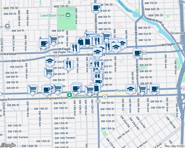 map of restaurants, bars, coffee shops, grocery stores, and more near 1247 Southwest 4th Street in Miami