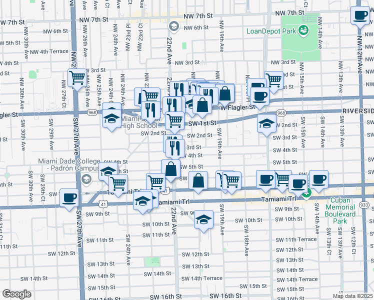 map of restaurants, bars, coffee shops, grocery stores, and more near 231 Southwest 21st Avenue in Miami