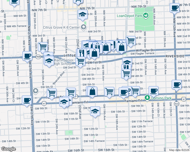 map of restaurants, bars, coffee shops, grocery stores, and more near 1925 Southwest 3rd Street in Miami