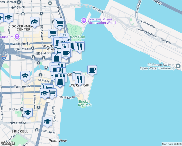 map of restaurants, bars, coffee shops, grocery stores, and more near Brickell Key Drive in Miami