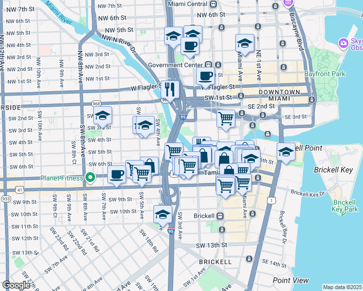 map of restaurants, bars, coffee shops, grocery stores, and more near 401 Southwest 3rd Avenue in Miami
