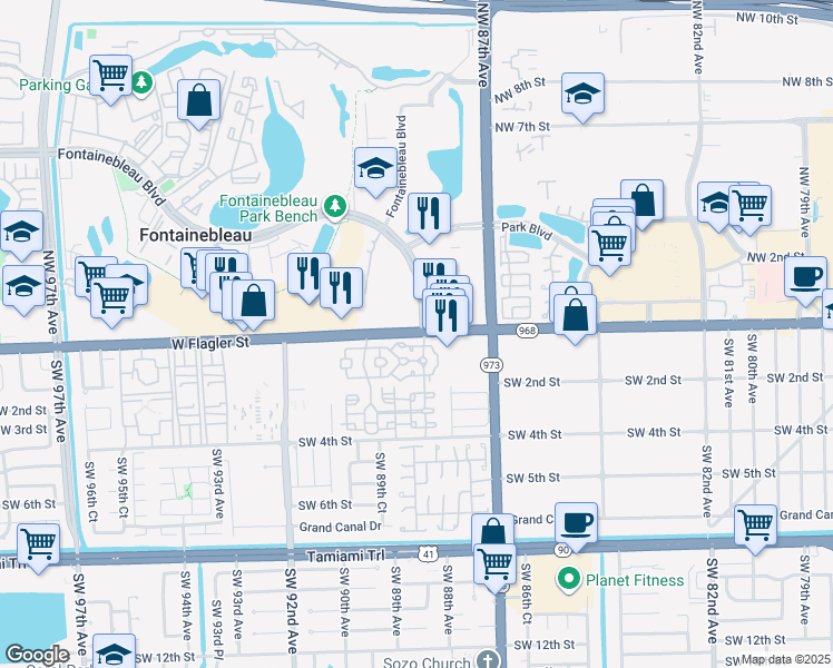 map of restaurants, bars, coffee shops, grocery stores, and more near 110 Fontainebleau Boulevard in Doral