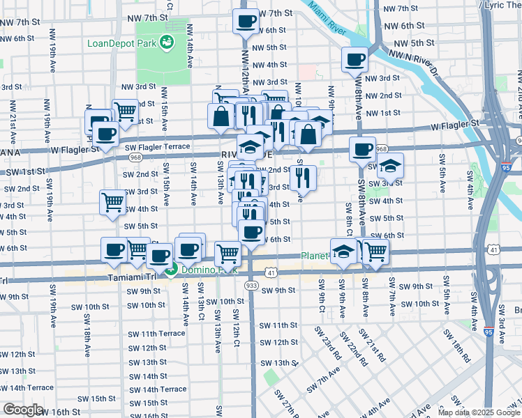map of restaurants, bars, coffee shops, grocery stores, and more near 1147 Southwest 4th Street in Miami