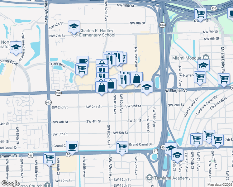 map of restaurants, bars, coffee shops, grocery stores, and more near 8011 West Flagler Street in Miami