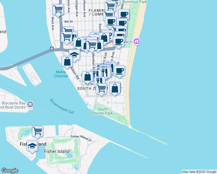 map of restaurants, bars, coffee shops, grocery stores, and more near 100 Collins Avenue in Miami Beach