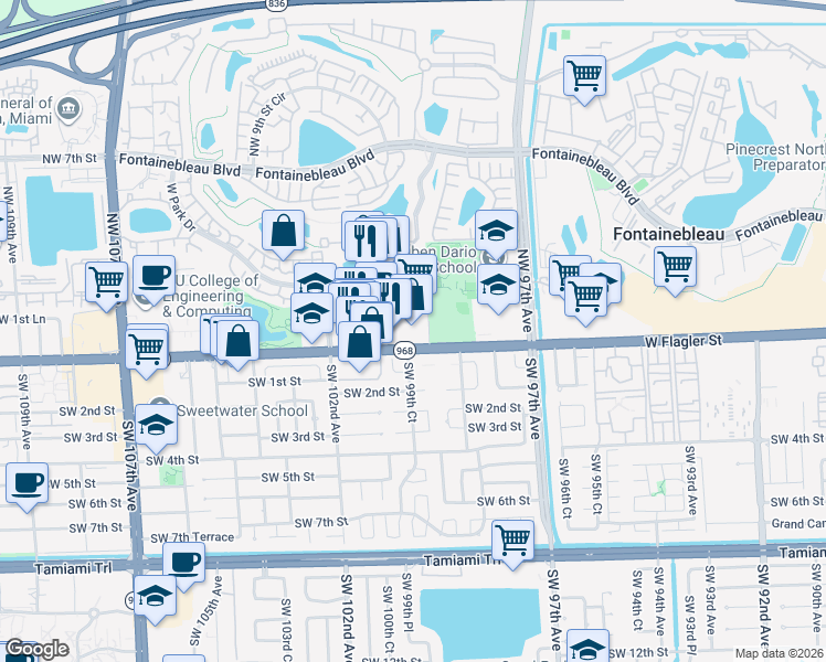 map of restaurants, bars, coffee shops, grocery stores, and more near 9971 West Flagler Street in Miami