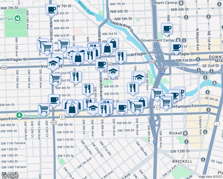 map of restaurants, bars, coffee shops, grocery stores, and more near 782 Southwest 4th Street in Miami