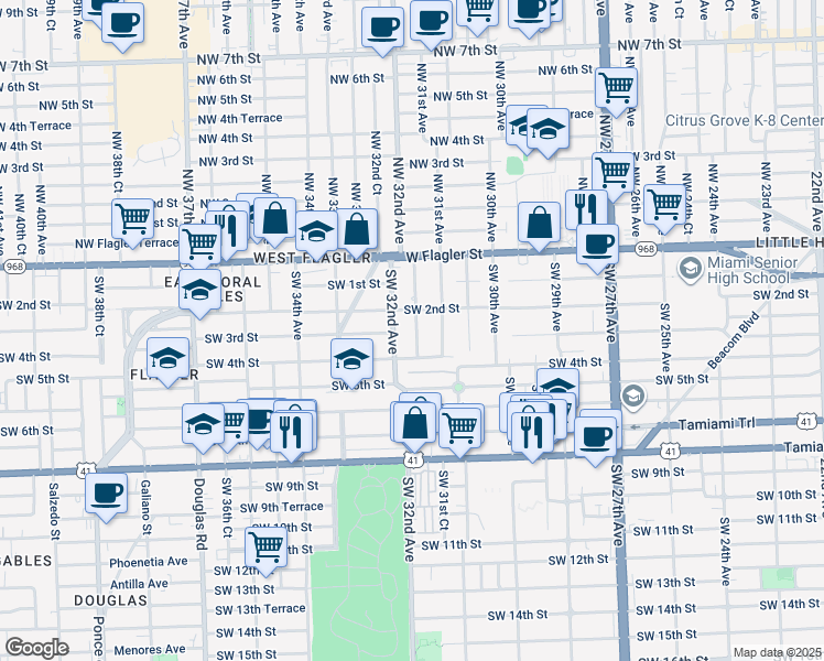 map of restaurants, bars, coffee shops, grocery stores, and more near 3172 Southwest 2nd Street in Miami