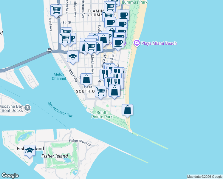 map of restaurants, bars, coffee shops, grocery stores, and more near 120 Ocean Drive in Miami Beach
