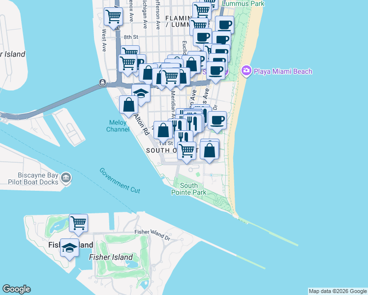 map of restaurants, bars, coffee shops, grocery stores, and more near 100 Collins Avenue in Miami Beach