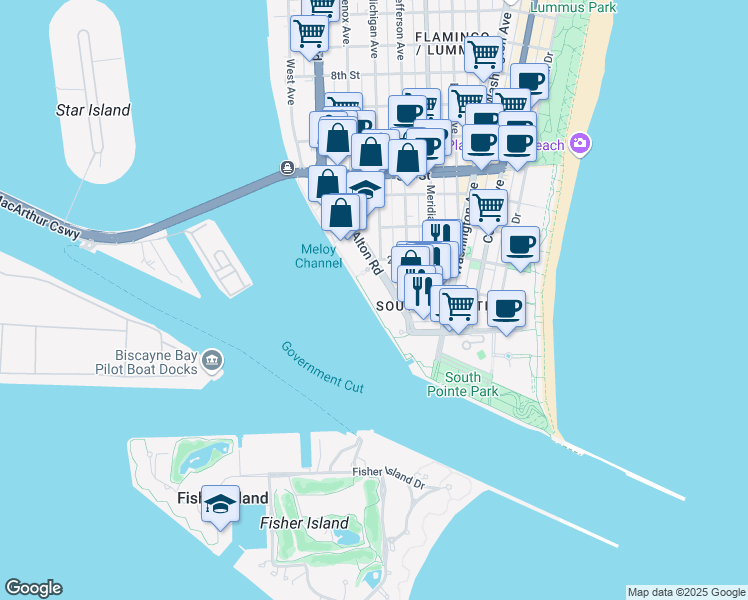 map of restaurants, bars, coffee shops, grocery stores, and more near 150 Alton Road in Miami Beach