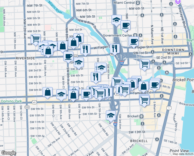 map of restaurants, bars, coffee shops, grocery stores, and more near 535 Southwest 4th Street in Miami