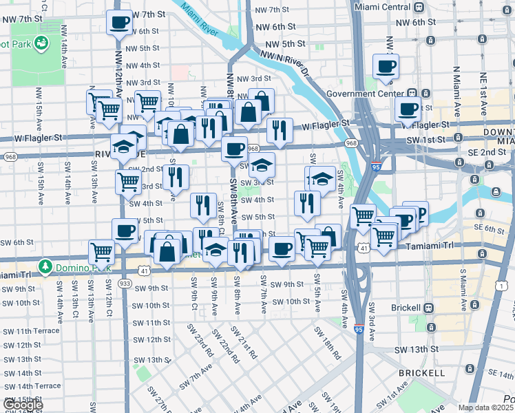 map of restaurants, bars, coffee shops, grocery stores, and more near 782 Southwest 4th Street in Miami