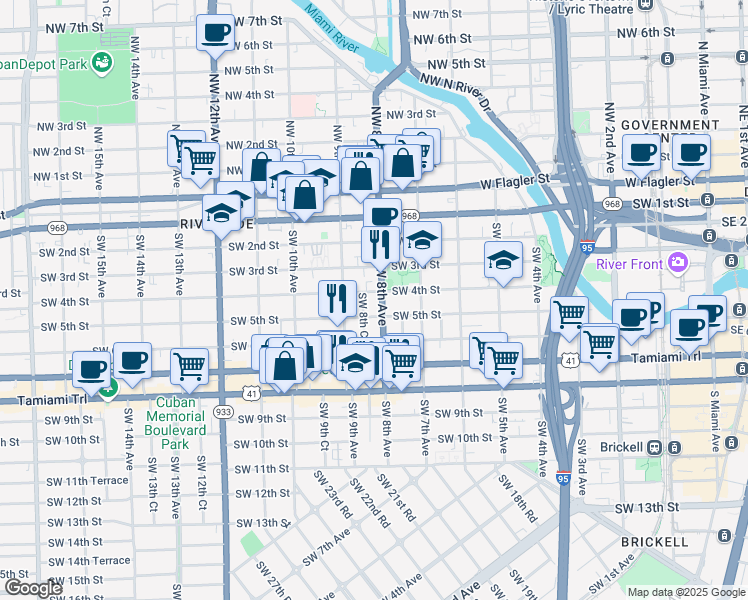map of restaurants, bars, coffee shops, grocery stores, and more near 821 Southwest 4th Street in Miami