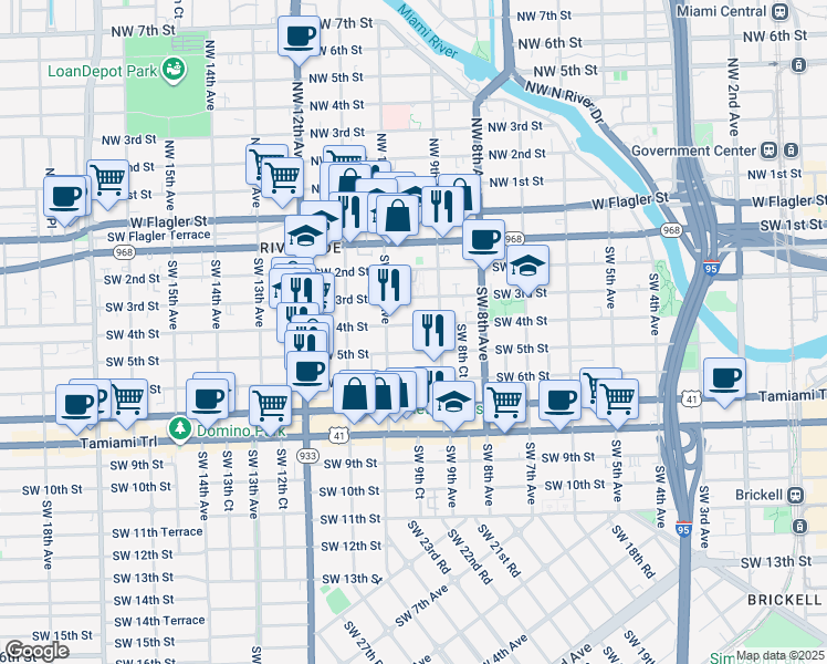 map of restaurants, bars, coffee shops, grocery stores, and more near 337 Southwest 10th Avenue in Miami