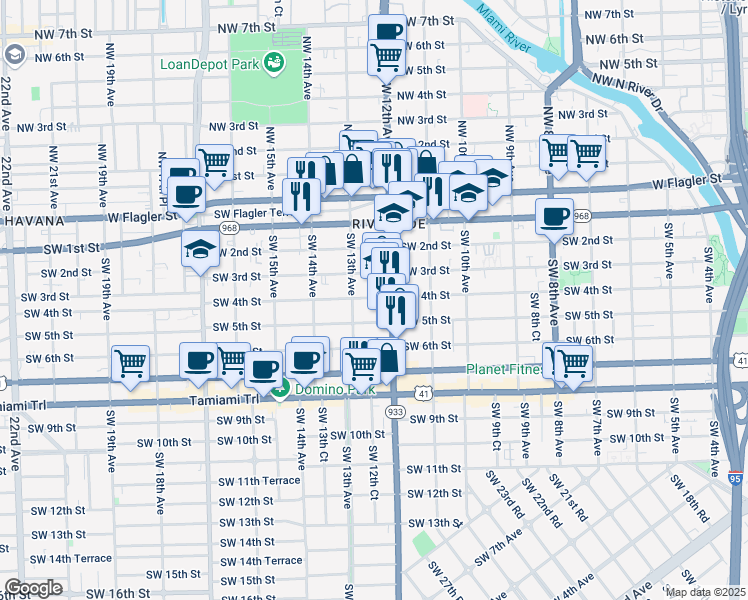 map of restaurants, bars, coffee shops, grocery stores, and more near 1247 Southwest 4th Street in Miami