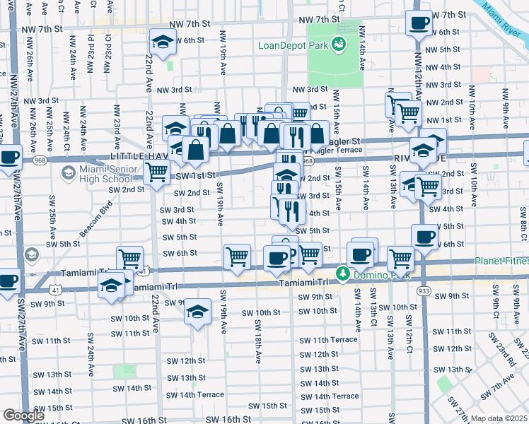 map of restaurants, bars, coffee shops, grocery stores, and more near 1771 Southwest 3rd Street in Miami