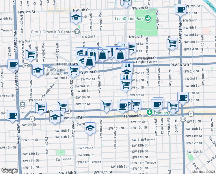 map of restaurants, bars, coffee shops, grocery stores, and more near 1853 Southwest 3rd Street in Miami