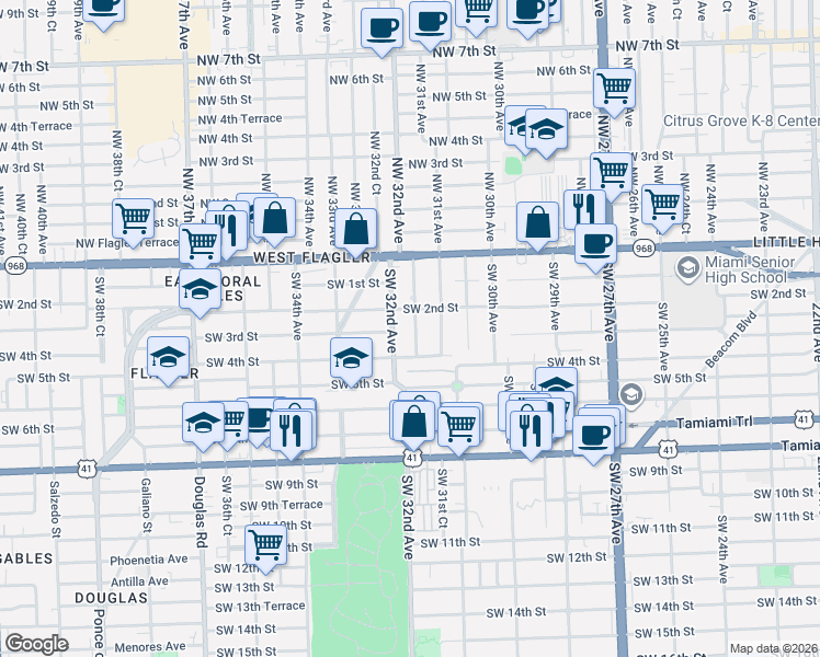 map of restaurants, bars, coffee shops, grocery stores, and more near 3172 Southwest 2nd Street in Miami