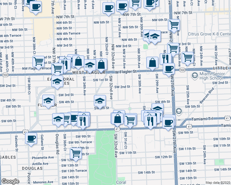 map of restaurants, bars, coffee shops, grocery stores, and more near 3172 Southwest 2nd Street in Miami