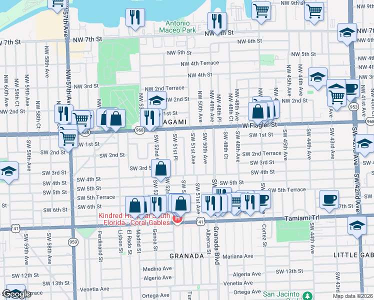 map of restaurants, bars, coffee shops, grocery stores, and more near 120 Southwest 51st Court in Coral Gables