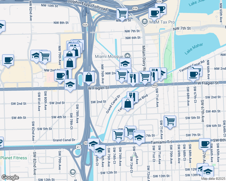 map of restaurants, bars, coffee shops, grocery stores, and more near 7575 Florida 968 in Miami