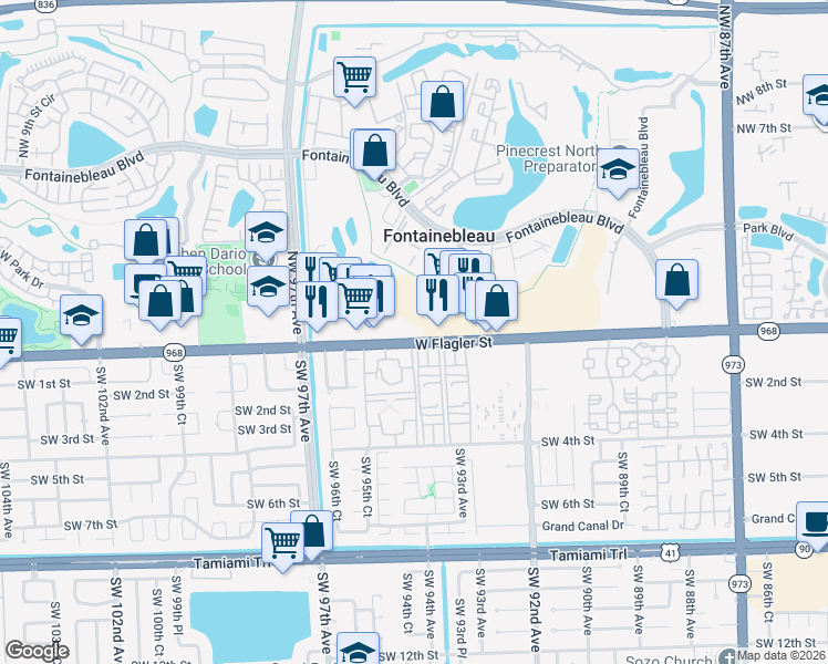 map of restaurants, bars, coffee shops, grocery stores, and more near 3405 West Flagler Street in Miami