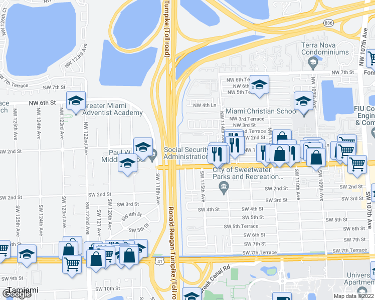 map of restaurants, bars, coffee shops, grocery stores, and more near 11697 Northwest 2nd Street in Miami
