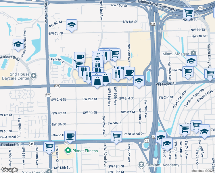 map of restaurants, bars, coffee shops, grocery stores, and more near 8190 Florida 968 in Miami