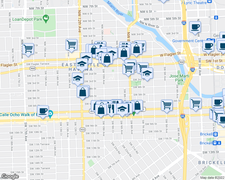 map of restaurants, bars, coffee shops, grocery stores, and more near 946 Southwest 4th Street in Miami