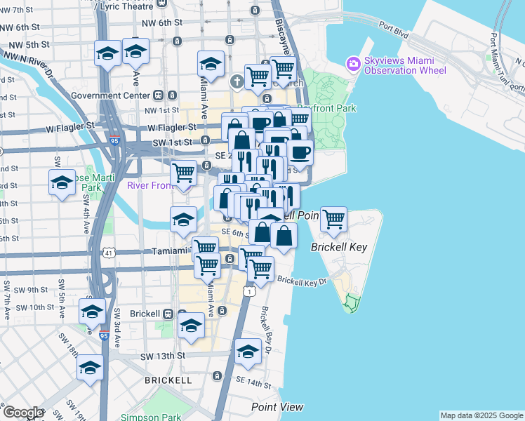 map of restaurants, bars, coffee shops, grocery stores, and more near 800 Brickell Avenue in Miami