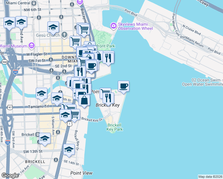 map of restaurants, bars, coffee shops, grocery stores, and more near 898 Brickell Key Boulevard in Miami
