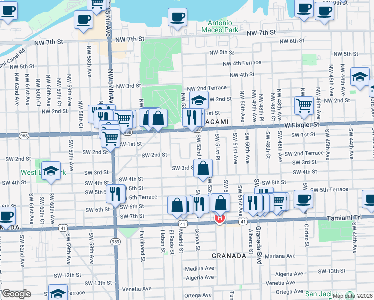 map of restaurants, bars, coffee shops, grocery stores, and more near 5240 Southwest 1st Street in Coral Gables