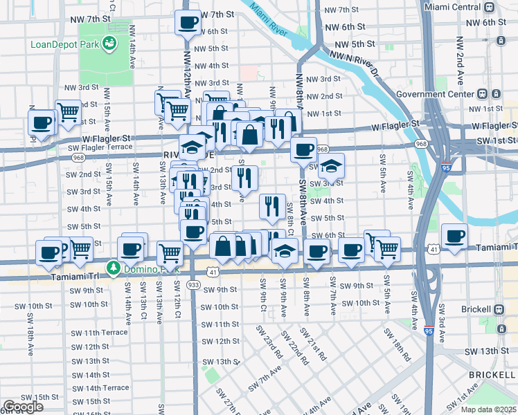map of restaurants, bars, coffee shops, grocery stores, and more near 337 Southwest 10th Avenue in Miami