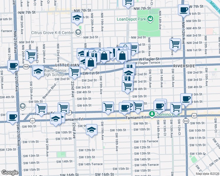 map of restaurants, bars, coffee shops, grocery stores, and more near 1853 Southwest 3rd Street in Miami