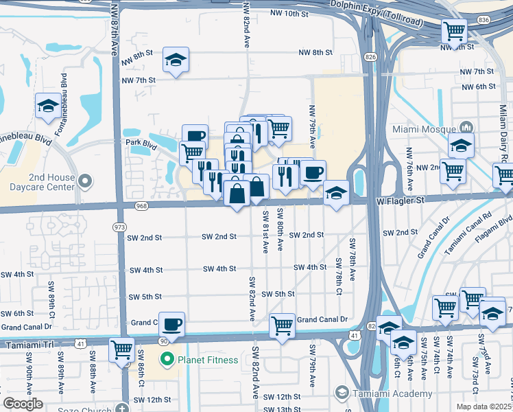 map of restaurants, bars, coffee shops, grocery stores, and more near 8190 Florida 968 in Miami