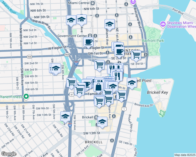 map of restaurants, bars, coffee shops, grocery stores, and more near 24 Southwest 4th Street in Miami