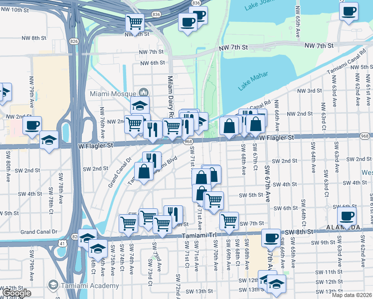 map of restaurants, bars, coffee shops, grocery stores, and more near 31 Tamiami Canal Road in Miami
