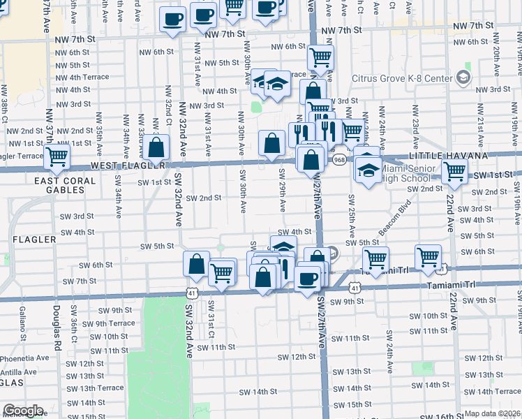 map of restaurants, bars, coffee shops, grocery stores, and more near 2966 Southwest 2nd Street in Miami