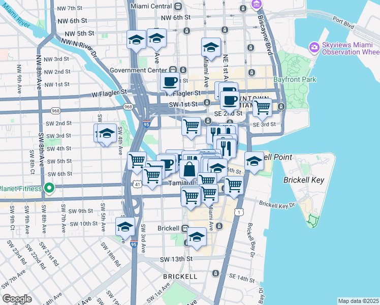 map of restaurants, bars, coffee shops, grocery stores, and more near 24 Southwest 4th Street in Miami
