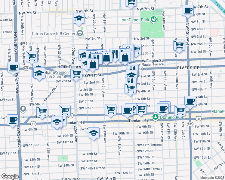 map of restaurants, bars, coffee shops, grocery stores, and more near 1853 Southwest 3rd Street in Miami