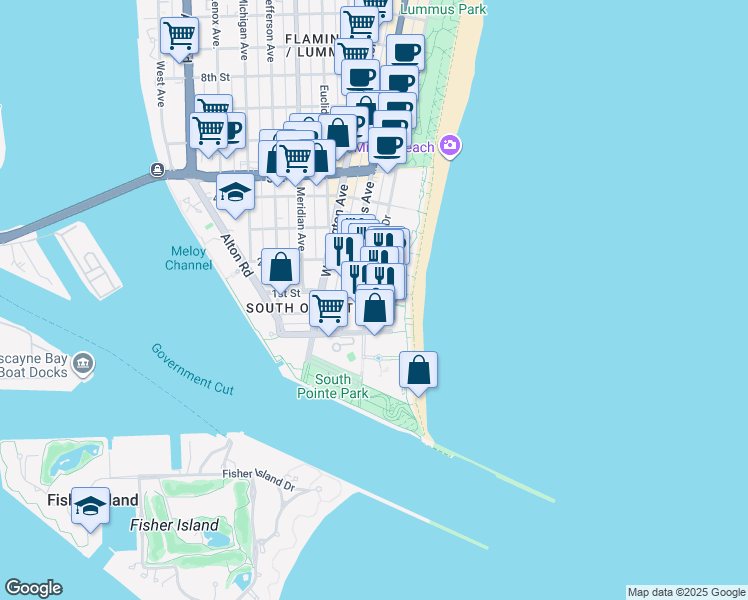 map of restaurants, bars, coffee shops, grocery stores, and more near 120 Ocean Drive in Miami Beach