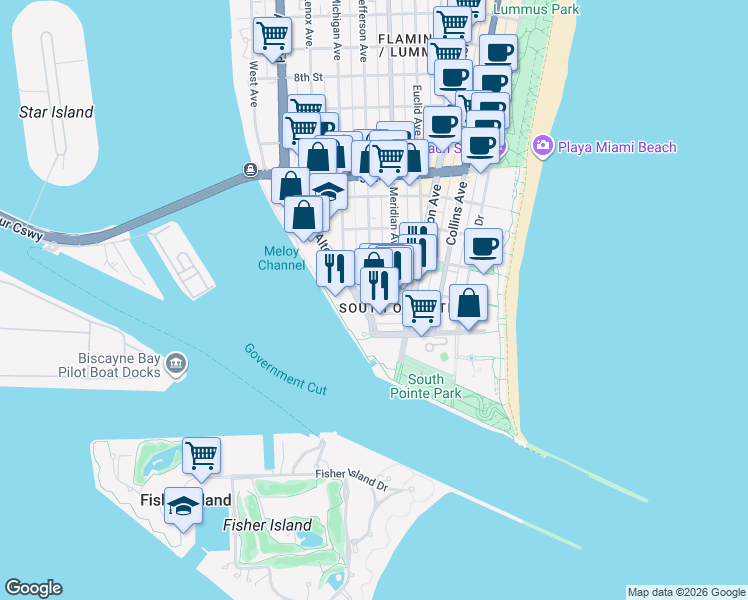 map of restaurants, bars, coffee shops, grocery stores, and more near 10012 1st Street in Miami Beach
