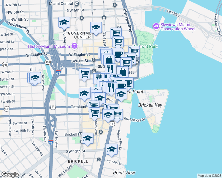 map of restaurants, bars, coffee shops, grocery stores, and more near 31 Southeast 5th Street in Miami