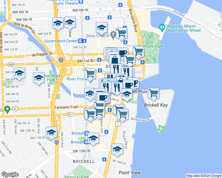 map of restaurants, bars, coffee shops, grocery stores, and more near 31 Southeast 5th Street in Miami