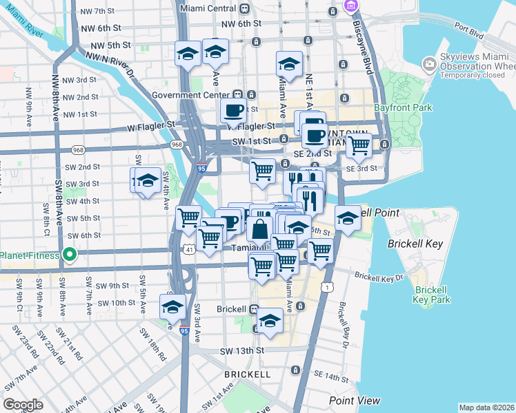 map of restaurants, bars, coffee shops, grocery stores, and more near 24 Southwest 4th Street in Miami